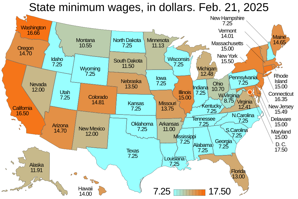 U.S. state minimum wages by state