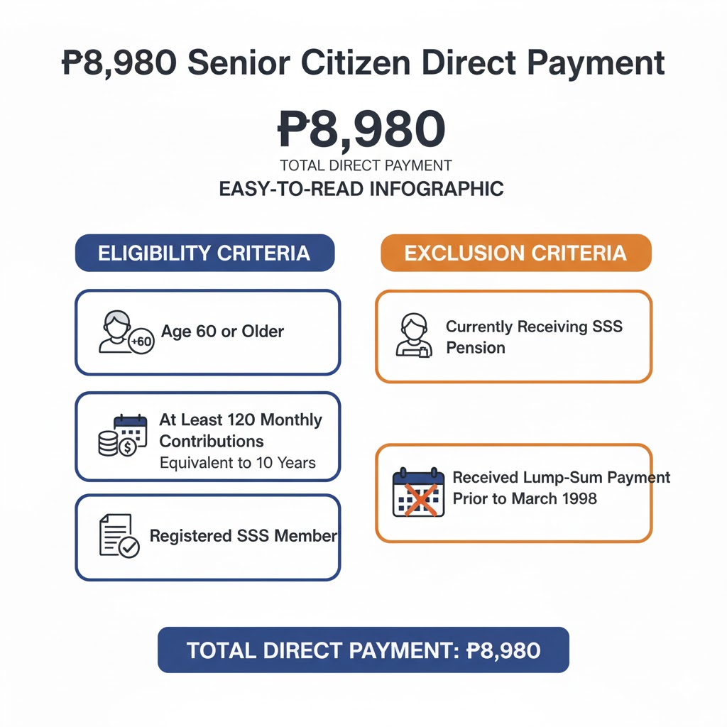 Eligibility criteria for the ₱8,980 direct payment from SSS for senior citizens