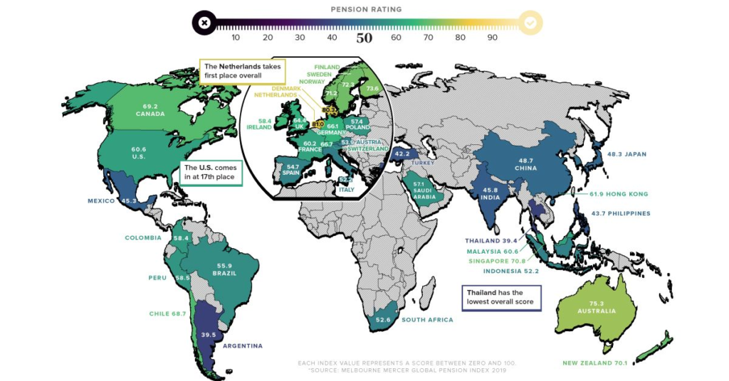 Map highlighting countries with increased pension